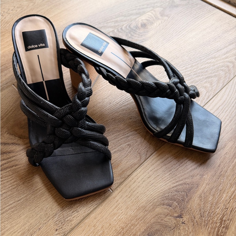 Dolce Vita Black Braided Strappy Square-Toe Heels